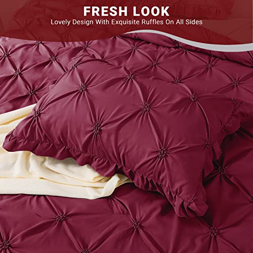 JOLLYVOGUE Dark Red Cal King Size Comforter Sets 7 Pieces, Pintuck Bed in a Bag Comforter Set for Bedroom, Bedding Comforter Sets with Comforter, Sheets,Ruffled Shams & Pillowcases