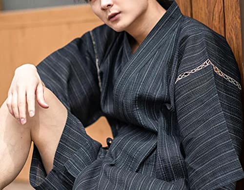 Men's Kimono Japanese Jinbei Shirt and Pant Cotton Linen Loungewear Lounge Set Spa Bathrobe, Style 9 Multicolor2