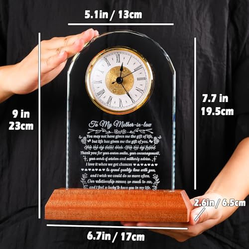 Image of Arikyrist Gifts for Mother in Law Glass Clock to My Mother in Law with Wooden Light Base, Unique Gift Idea for Bonus Mom from Daughter /Son in Law Mothers Day Christmas Birthday Table Decor