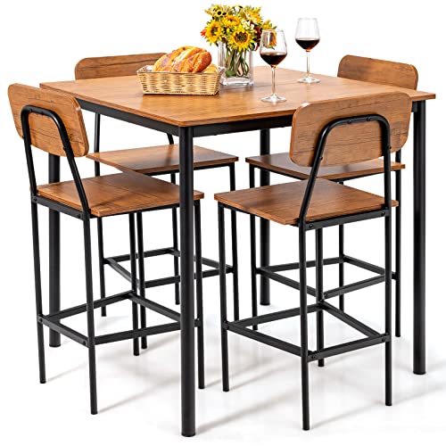 Giantex 5-Piece Dining Bar Table Set, 4 Person Kitchen Breakfast Counter Height Set With Steel Frame, Industrial Style for Home, Restaurant & Cafe (Walnut)