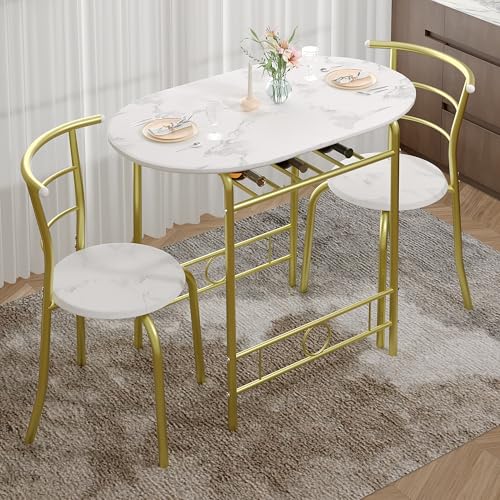 Image of VECELO 3-Piece Dining Table Set for Kitchen Breakfast Nook, Wood Grain Oval Tabletop and Metal Frame with Built-in Wine Rack, for Small Spaces, White & Gold