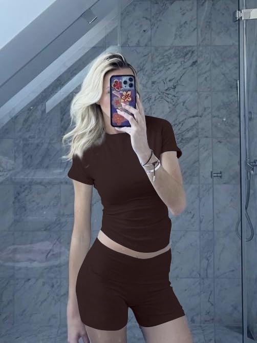 Image of AYWA Women's Two Piece Sets Summer Slim Fitted Short Sleeve Tops Foldover Shorts Matching Lounge Sets