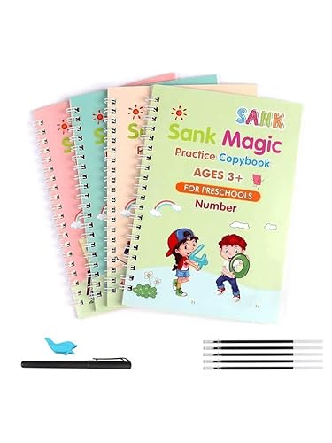 Magic practice copy book for Kids | ( 4 Books + 10 Refills +1 pen + 1 Grip) | Tracing Book for Preschoolers | Magic calligraphy copybook Set for Kids | Practical Reusable Writing Tool [Card Book] Sank