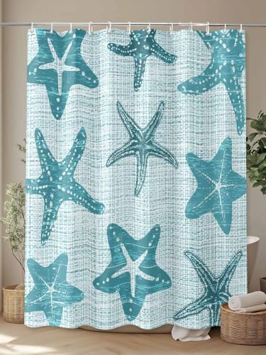 WQFBXVK Underwater Life Marine Starfish Bathroom Shower Curtain 36x72IN, Waterproof Fabric Shower Curtains with Hooks Retro Ocean Teal Theme Bath Curtain for Bathtub