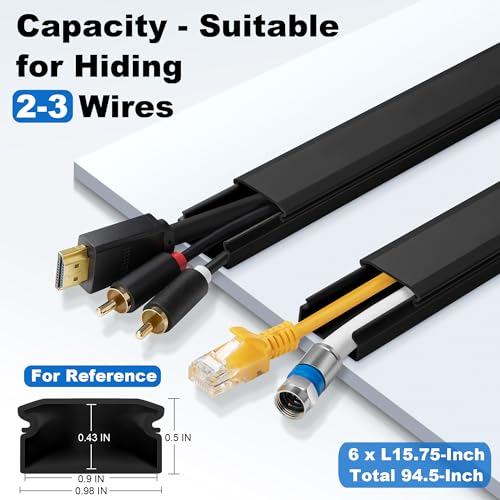 Image of ZhiYo Cord Cover Wall Kit, 94.5in Cord Hider Wall Mounted TV, Self-Adhesive Wire Covers for Cords, Paintable Wire Hiders Cable Raceway Kit, Cable Concealer, 6 x L15.7in W0.98 H0.5in, Black