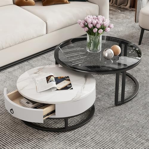 Table basse avec rangement salon table d'appoint verre trempé marbre - 2