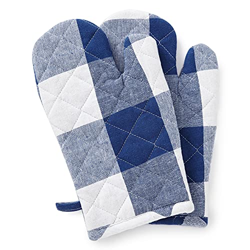 Image of Encasa XO Oven Gloves for Microwave (2 pc Set) - Heat Proof, Thick & Safe | Longer 18x30 cm Mittens for Protection in Kitchen Cooking & Baking - Buffalo Blue Checks