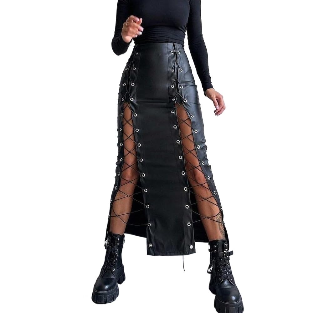 Gonne in Pelle da Donna, Gonna da Donna in Pelle PU Elasticizzata al Ginocchio con Lacci sul Retro. Gonne in Pelle con Fasciatura con Cerniera e Lacci(Black,M)