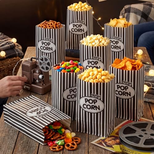 Image of Potchen 200 Pcs Paper Popcorn Bags Bulk 2 oz Large Individual Serving Popcorn Bag Flat Bottom Disposable Container Vintage for Movie Night Themed Summer Back to School Party Carnival (Black)
