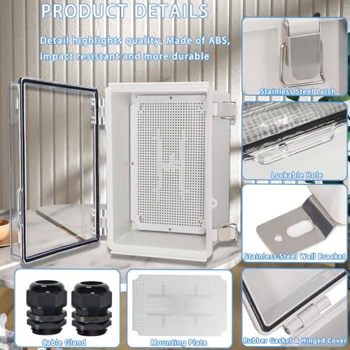 Image of Zulkit Junction Box IP67 Waterproof Electrical Box Hinged Clear Cover Stainless Steel Latch Plastic Enclosure for Project w Mounting Plate Wall Bracket and 2 Cable Gland 11 inchx7.5 inchx5.5 inch /280x190x140mm