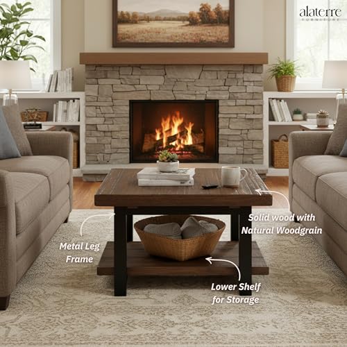 Image of Pomona 27-Inch Square Solid Wood Coffee Table with Metal Legs - Modern Farmhouse Rustic Small Space Table by Alaterre Furniture (Rustic Brown)