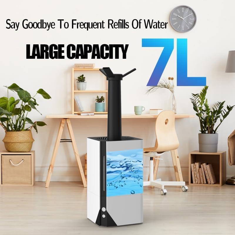 mobigon 7L Humidifiers for Bedroom Large Room Home, Top Fill Cool Mist Humidifier with Essential Oil Diffuser,for Baby Nursery,Office,Plants,80H,7 Colors Light,360° Extension Tube Nozzle (White Black)