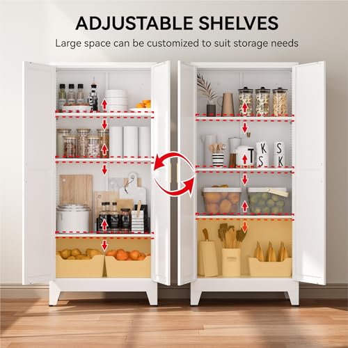Image of COFaR 61 inch Metal Pantry Cabinet with Adjustable Shelves, White Storage Cabinet with Doors and Shelves, Sturdy Freestanding Cupboard for Kitchen Pantry, Bathroom Storage, Living Room & Office