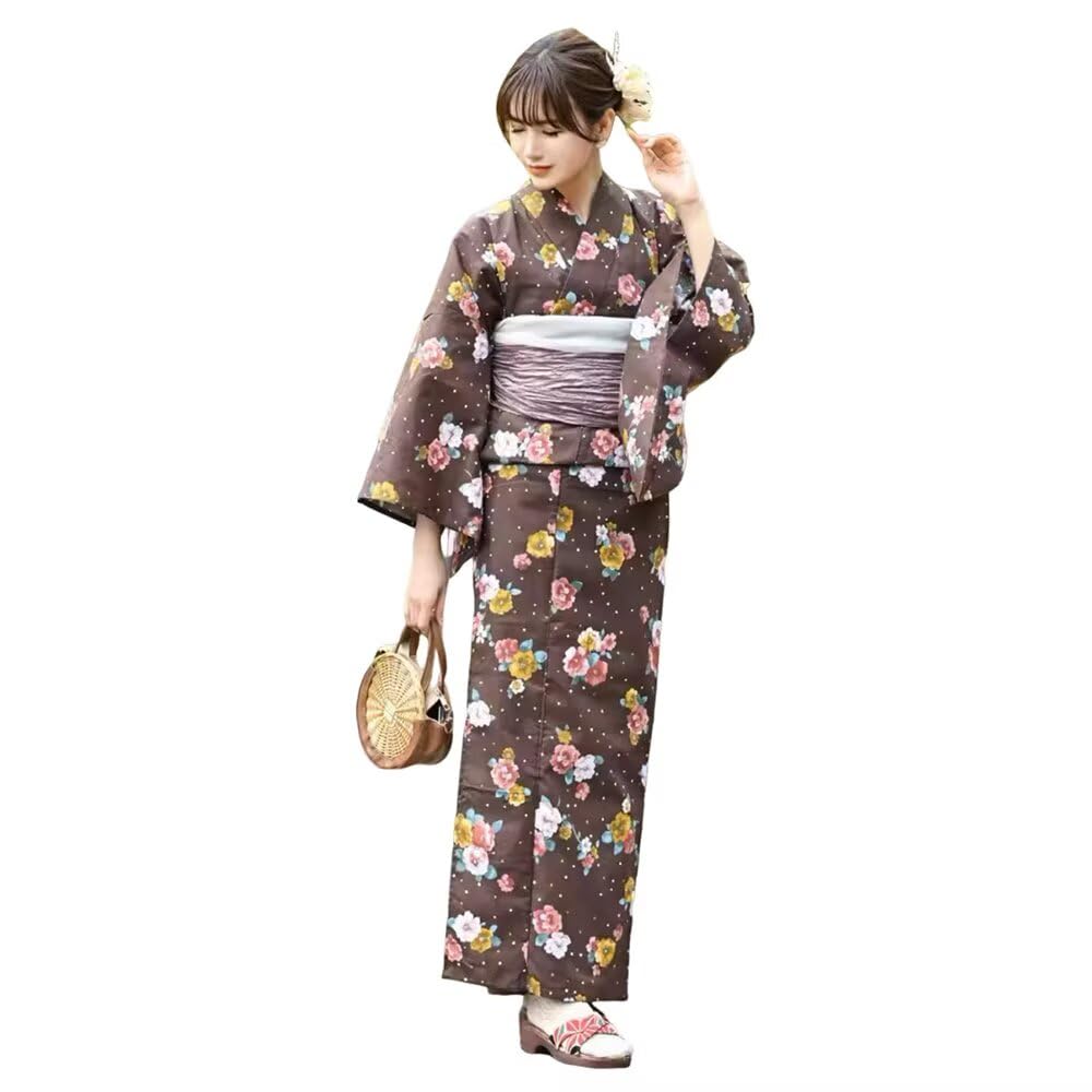 New★Japanese Yukata Kimono 4-Piece Set★Women's Summer Robe Washable Retro Modern Dark Green Magnolia Flower Design US Size XS-S Equivalent with Pre-tied Obi Belt and Accessories for Festivals New☆Japanese Yukata Kimono 4-Piece Set☆Women's Summer Robe