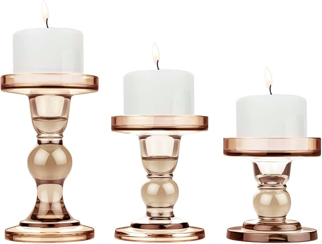 Lewondr Glass Candle Holders, 3 Pieces Crystal Clear Candlesticks With Elegant Design for Pillar Taper Candle and Tea light, Home Table Living Room Wedding Party Decorations Home Décor, Tawney
