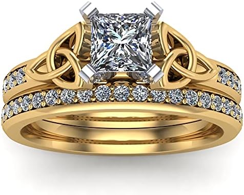 Engagement Ring for Women Bridal Ring Set 1-2/5 ct. tw. Princess Cut Moissanite or Lab Grown Diamond Engagement Ring Set 10K 14k 18K Gold Celtic Wedding Ring Set for Her Anniversary Promise Rings