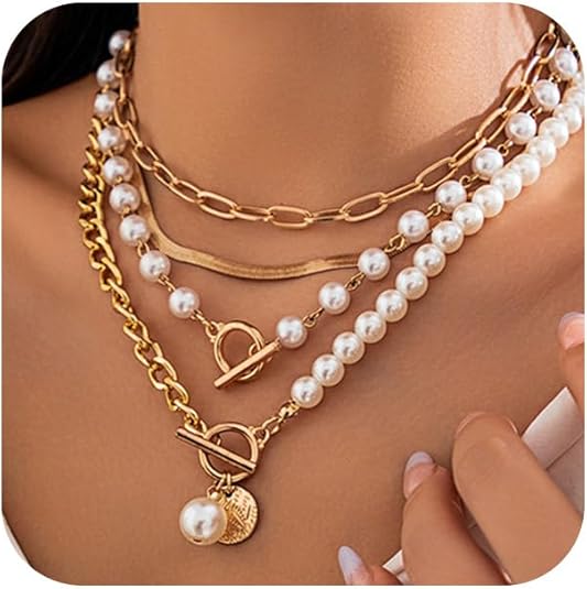 Amazon.com: YNZGYBY Chunky Gold Layered Pearl Necklaces Set for Women ...