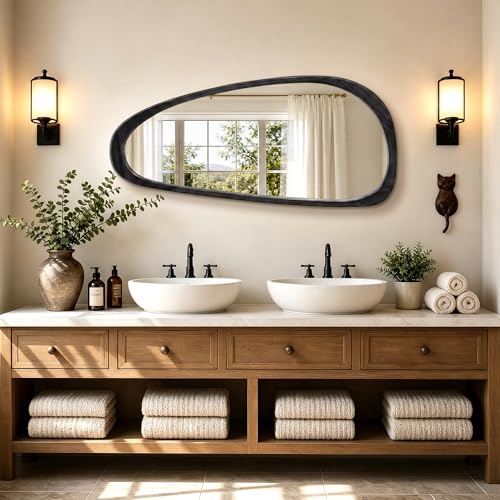 Image of Asymmetrical Mirror, 48 inchx22 inch Irregular Mirror Full Length, Wood Wall Mirror for Bathroom Bedroom Living Room Entryway Hallway, Mid Century Modern Decor (Black)