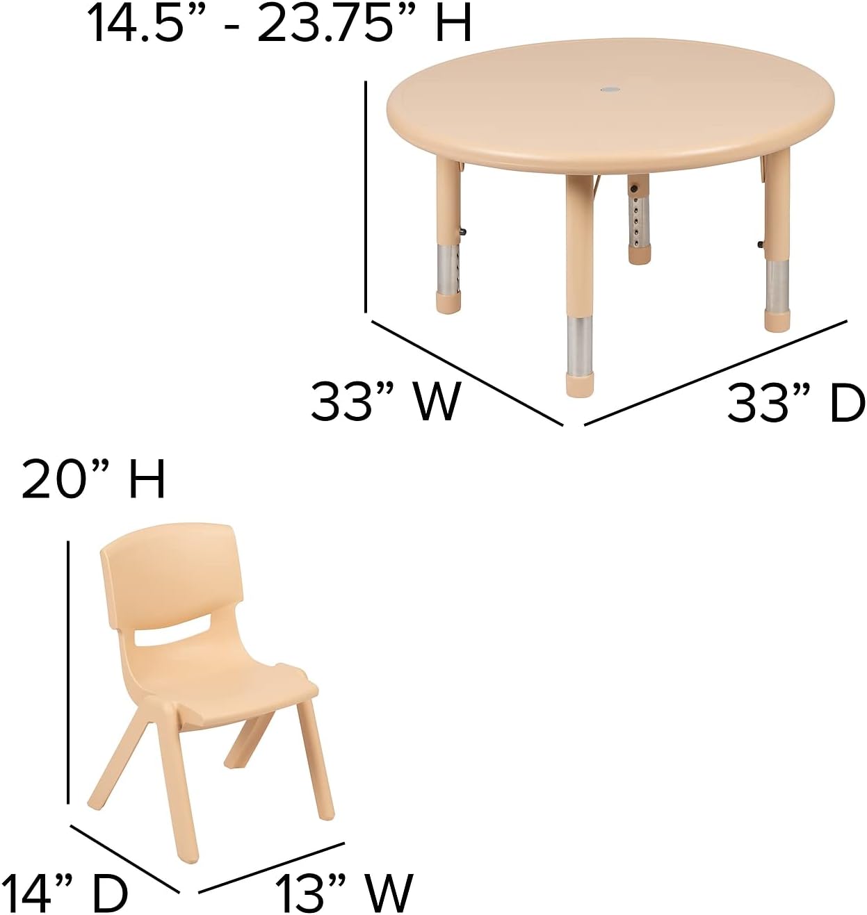 Flash Furniture Emmy 33" Round Natural Plastic Height Adjustable Activity Table Set with 4 Chairs