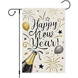 Heyfibro Happy New Year Garden Flag 12x18 Inch Double Sided Burlap Firework Christmas Champagne Balloon Celebration Banner for Winter Holiday Party Yard Outdoor Decoration(ONLY FLAG)