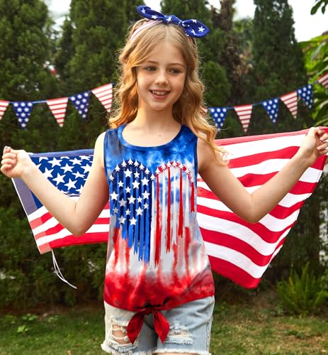 Image of July 4th Girls Patriotic Sleeveless Tie Knot Front Tank Top Stars Stripes Tee Shirt 4-14 Years