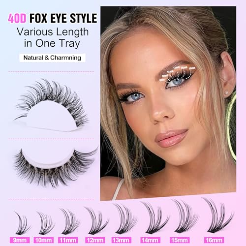 Image of Pawotence Lash Clusters Kit Cat Eye Lash Extension Kit DIY 9-16mm Cluster Eyelash Extensions Kit 40D Individual Lashes with Lash Bond and Seal, Lash Tweezers for Self Use (Fox 40D, 9-16mm, Kit)