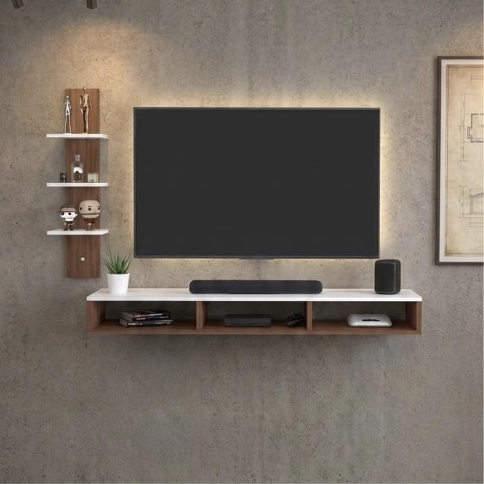 Image of 32 inches Broad Based Engineered Wood Wall Mount TV Entertainment Unit with Single Pillar Decor Shelves, Best Suits 42 inches tv