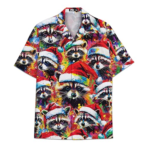 Funny Raccoon Colorful Racoon Christmas Hawaiian Shirt for Men Xmas Hawaiian Shirts Short Sleeve Button Down Shirt