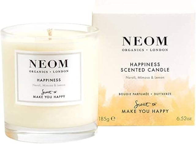NEOM- Happiness Scented Candle, 1 Wick | Essential Oil Aromatherapy Candle | Neroli, Mimosa & Lemon | Scent to Make You Happy