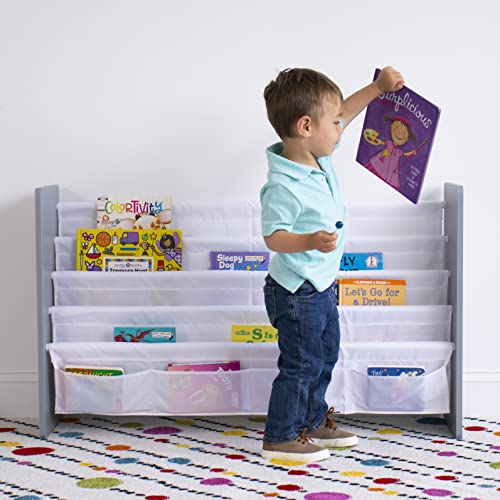Humble Crew Extra Large Kids 4 Tier Bookrack With 4 Front Pockets For Smaller Books, Grey/White #TOP4