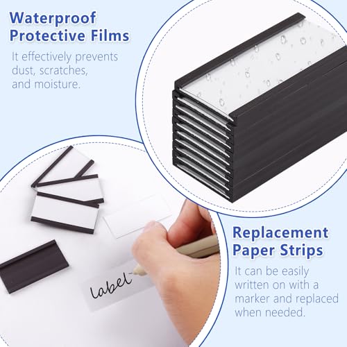 50 Stück Magnetische Etikettenhalter, 25 × 50mm Magnetschilder zum Beschriften mit Papiereinlage Schutzfolie, Magnete Beschriftbar für Whiteboard Büro Metallregale