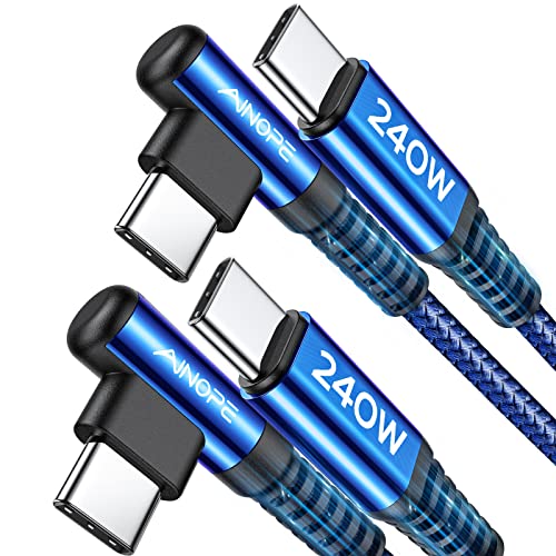 Image of AINOPE 240W USB C to USB C Cable 6.6ft 2Pack USB C to USB C Fast Charging Cable, Right Angle USB C Charger Cable for iPhone16 Charger Cord, MacBook Pro, iPad Pro /Air, Samsung,Blue