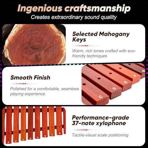 Image of 37-Note Xylophone Wooden Xylophone Professional Marimba Glockenspiel with Adjustable Stand - Premium Musical Instrument Includes 4 Mallets, Hand Bell & Bag