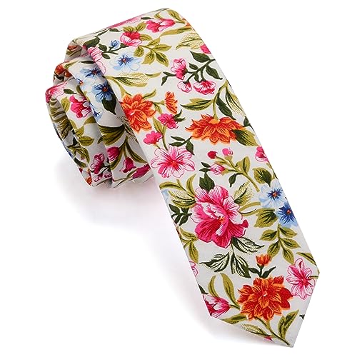 Image of GUSLESON Fashion 2.4 inch（6cm） Floral Skinny Tie for Men Slim Flower Print Cotton Necktie for Wedding Party