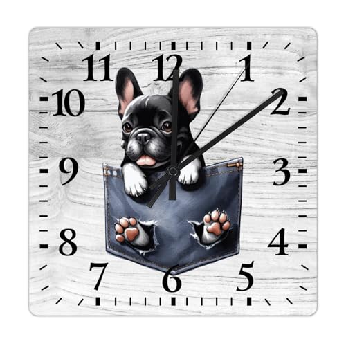 Yelolyio Orologio da parete con bulldog francese, divertente, silenzioso, senza ticchettio, 38 x 38 cm, quadrato, orologio da parete in legno, per cucina, ufficio, scuola, aula, regalo di