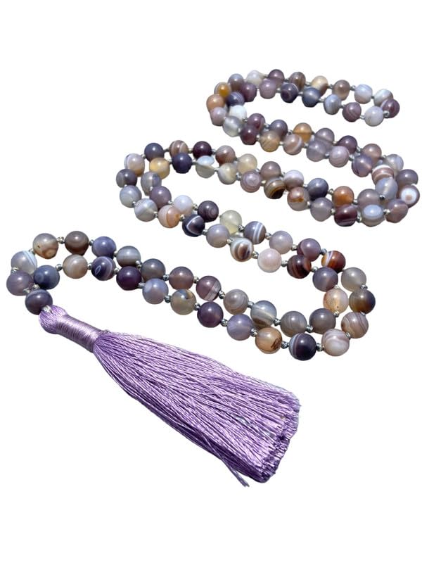 Natural AAA Botswana Agate 108 Bead Mala Necklace 6mm Knoted Healing Tassel Necklace Spiritual Protection Meditation Balance Mental Health Japa Mala