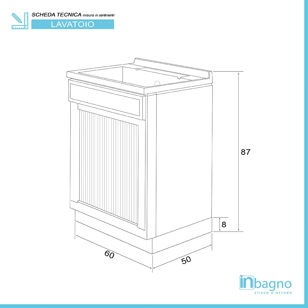 Inbagno Mobile lavatoio in Resina salvaspazio, Misure 45/50/60, Completo di tavoletta e Kit di Scarico, Bianco (60x50)