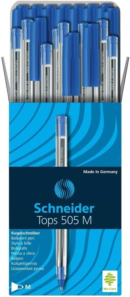 Schneider Tops 505 Ballpoint Pen with Clip Cap and Stainless Steel M Tip Blue Pack of 50