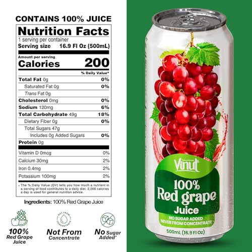Image of VINUT 100% Red Grape Juice, No Added Sugar, Not From Concentrate, 16.9 fl oz (500 mL) Can, Pack of 12