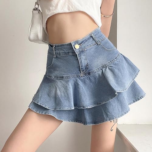 Denim mini Skirt A-Shaped Cake Bustier Skirt with Safety Trousers Lined high-Waisted Ruffled Edge Hip Short Skirt4