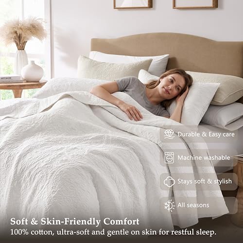 Image of palassio White Paisley 100% Cotton Quilt Twin Size Bedding Sets with 1 Pillow Sham, Boho Floral Lightweight Farmhouse Country Vintage Soft Bedspread Shabby Chic Coverlet for All Season, 2 Pieces