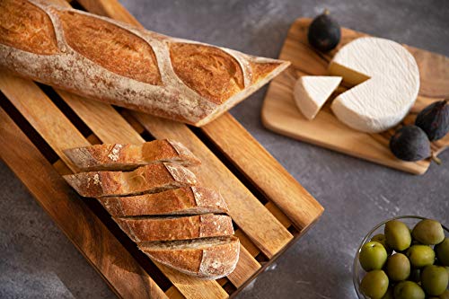 Villa Acacia Wood Bread Board - 12 x 7 in Handcrafted Wooden Cutting Board Slicer Tray with Handle