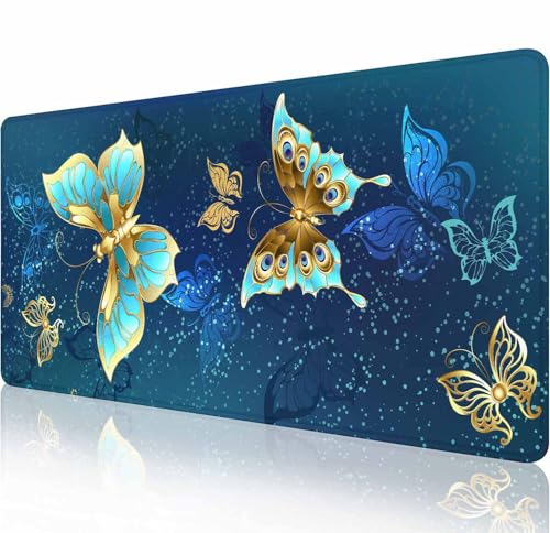 Gaming Mouse Pad, Large Non-Slip Rubber Base Mousepad, Keyboard Mouse Mat, Desk Pad with Stitched Edges, 31.5x11.8inch, Butterflies