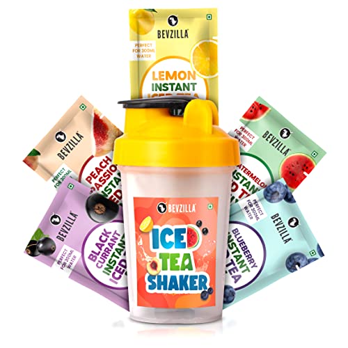 Image of Bevzilla Instant Ice Tea & Bottle Pack with 5 Flavoured Sachets| Black Currant, Watermelon, Blueberry, Peach Passion & Lemon | Leak Proof
