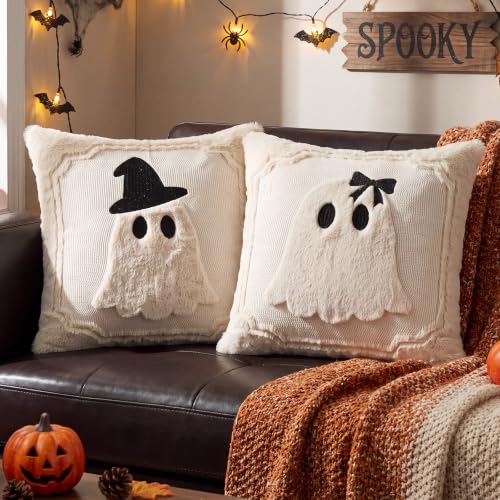 2 Pack Halloween Pillow Covers 18x18 Faux Fur Ghost Decor for Cozy Homes - Image 4