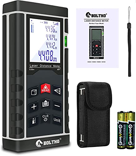 BOLTHO Laser-Entfernungsmesser mit elektronischer Wasserwaage, tragbar, hohe Präzision, misst Entfernung, Fläche und Volumen, 4-zeiliges LCD-Display und größerer klarer Hintergrundbeleuchtung (grau) Cover