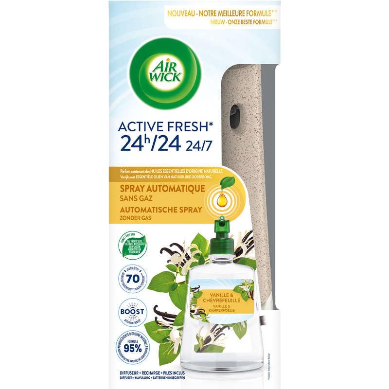 Airwick - Desodorante para casa, spray automático sin gas activo fresco, 1 difusor + 1 recambios, aroma vainilla y madreselva