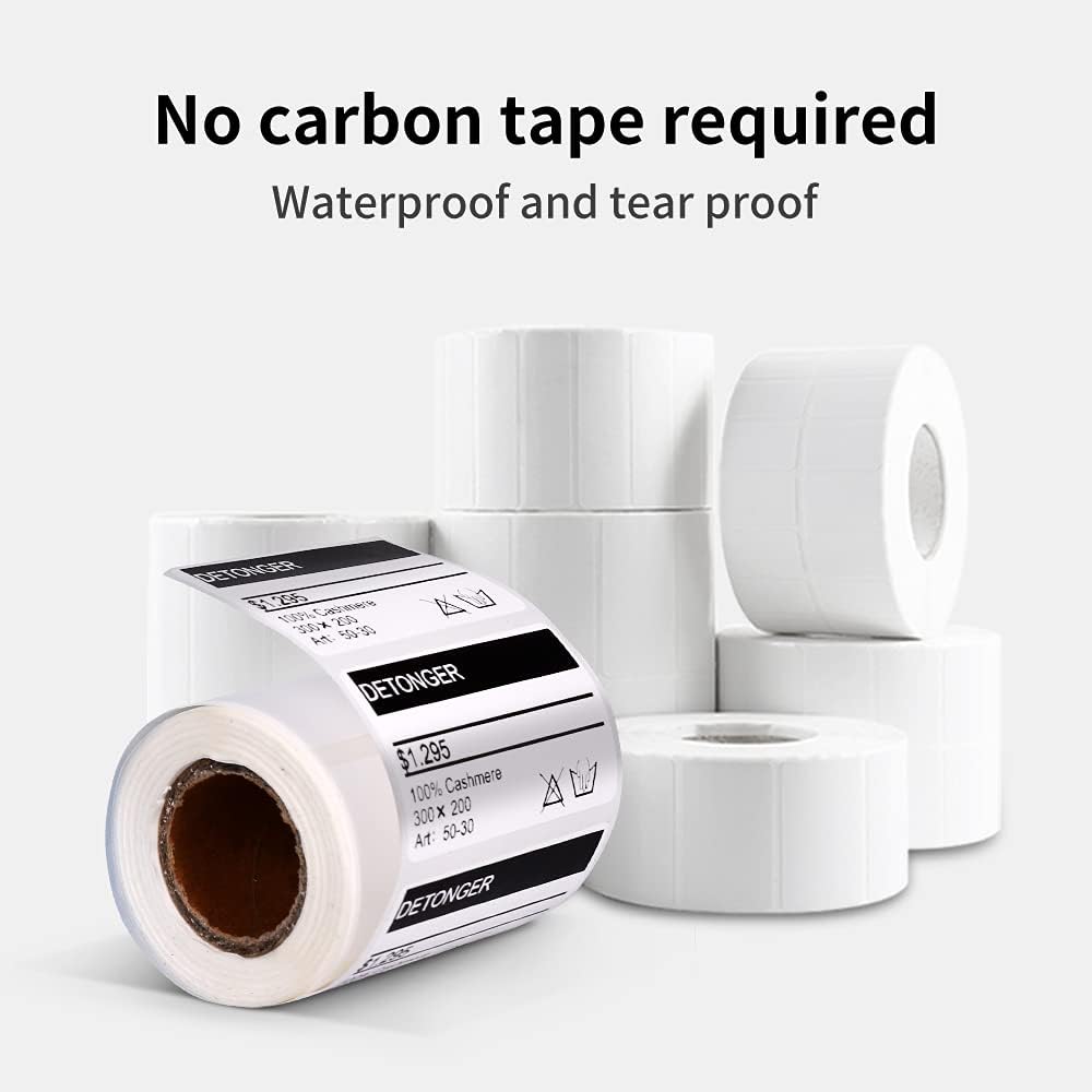 Rolls of DETONGER thermal labels with text indicating 'No carbon tape required' and 'Waterproof and tear proof'.