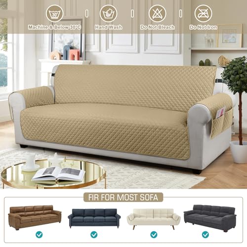 Image of TAOCOCO Sofa Protector 4 Seat Sofa Cover,Sofa Slipcovers with Storage Pockets,Anti Slip Couch Chair Covers,Washable Settee Cover for Pets(Sand)