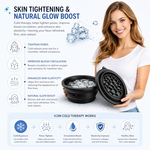 Image of ANTIL'S Silicone Ice Face Bowl with Built-in Ice Tray - Collapsible Facial Ice Bath Tub for Skin Tightening, Acne Relief & Cold Plunge Therapy - Portable Spa Tool for Home & Travel (Pack of 1) Black Color